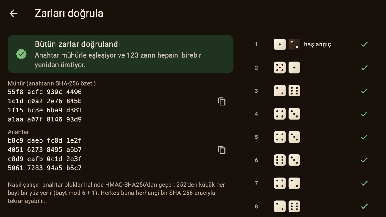 Bütün zarları yeniden üreten Doğrula ekranı
