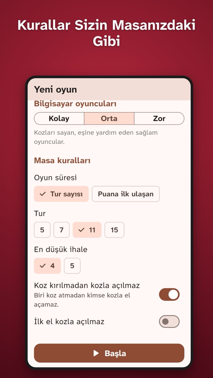 Masa kurallarını seç