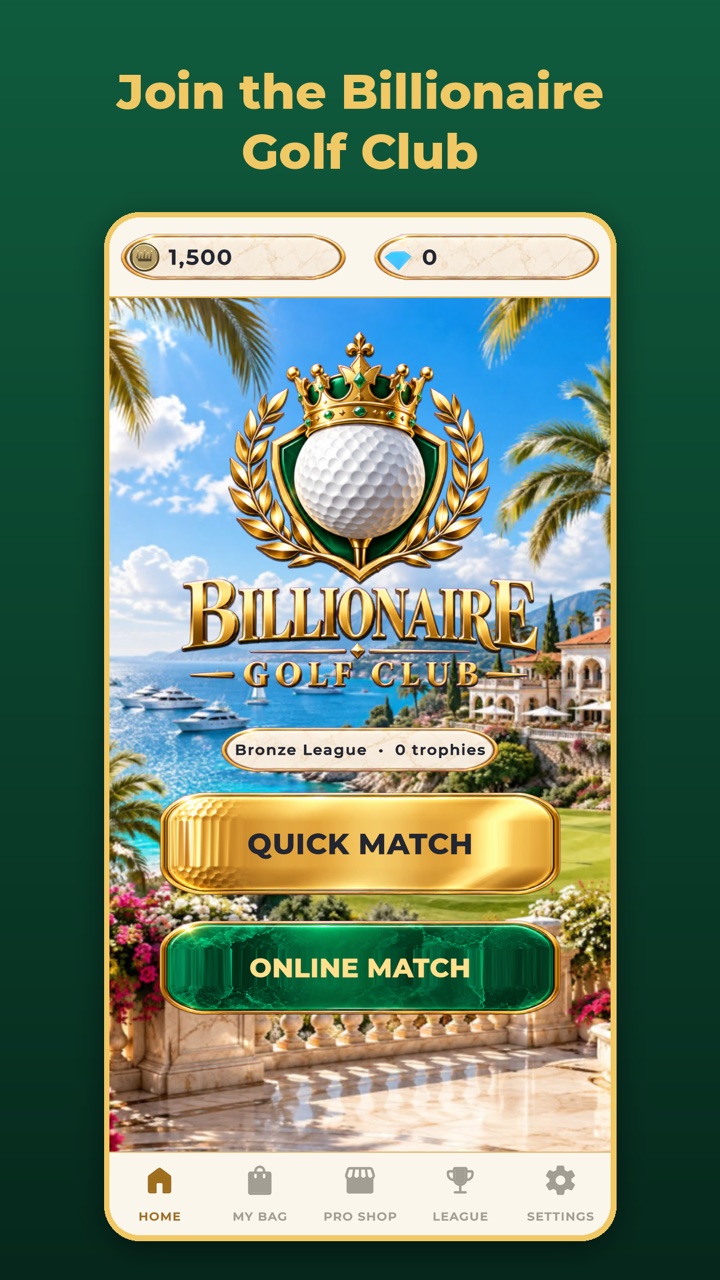 Home screen with the Billionaire Golf Club crest and Quick Match and Online Match buttons