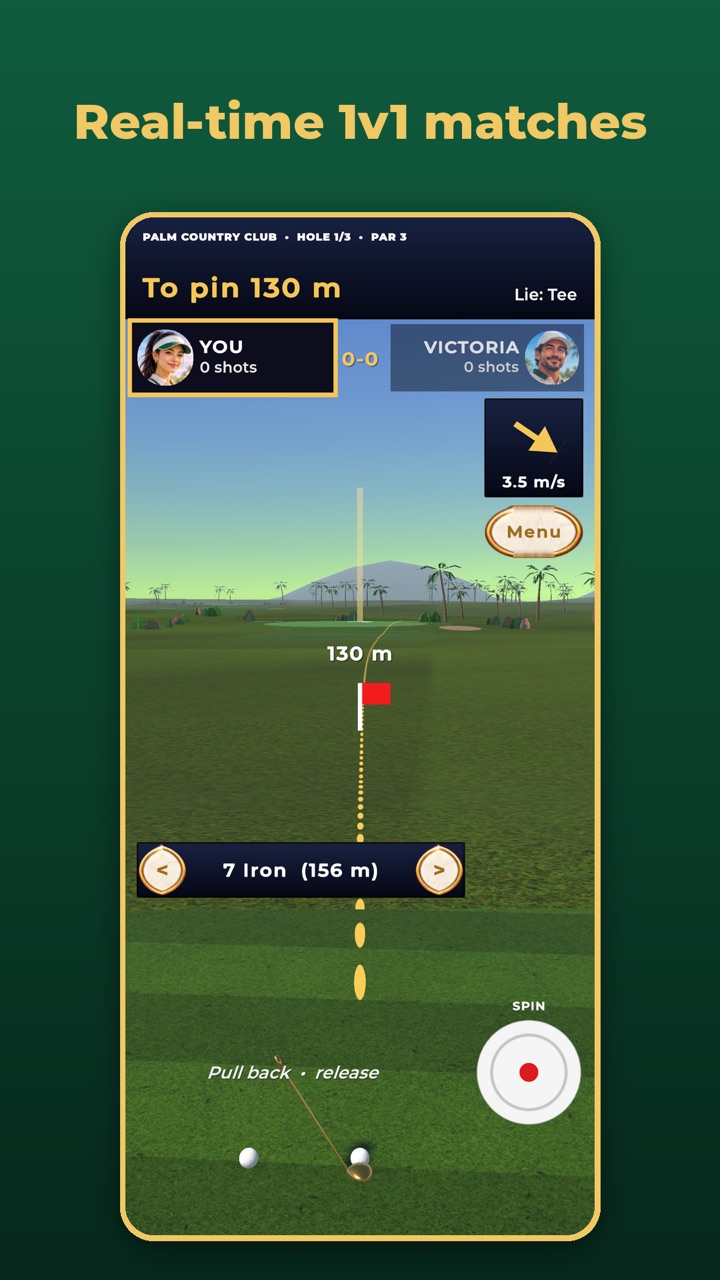 A 1v1 match at Palm Country Club with the aim line, wind arrow and selected 7 Iron
