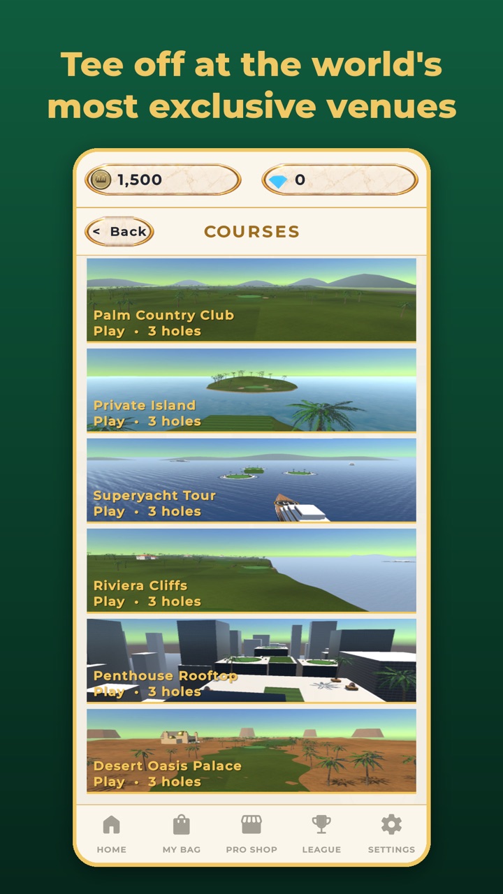 Course list with the six venues, three holes each