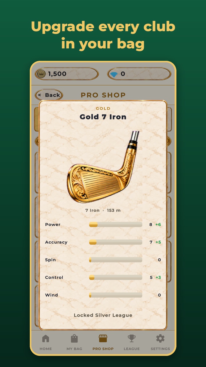 A Gold 7 Iron with power, accuracy, spin, control and wind stats