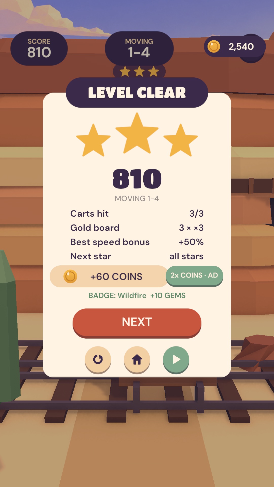 Results screen with stars