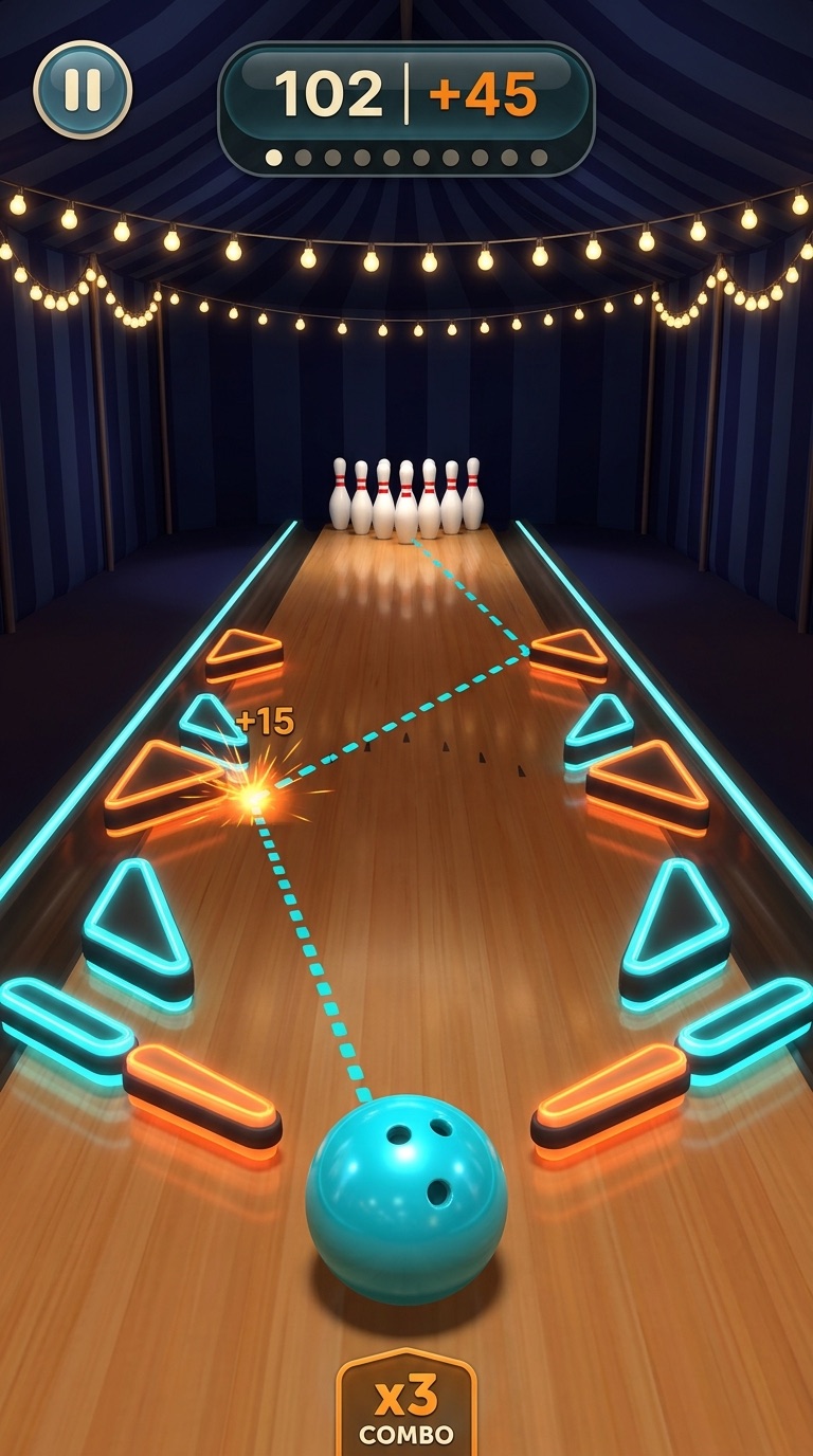 Work-in-progress mockup: the Bumper Pinball lane with neon bumpers along the sides