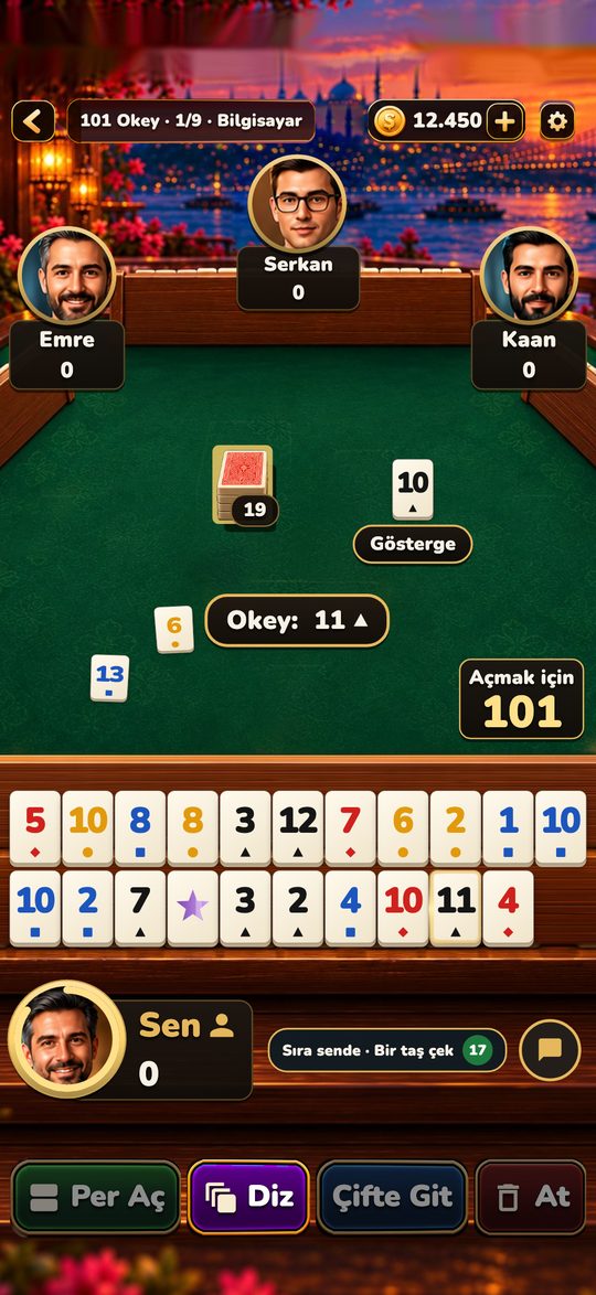 A 101 Okey table with the 101-point opening goal