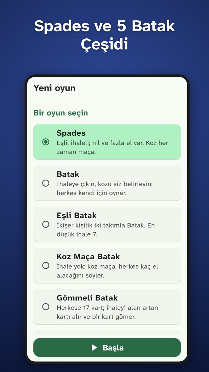Spades ve beş Batak çeşidi