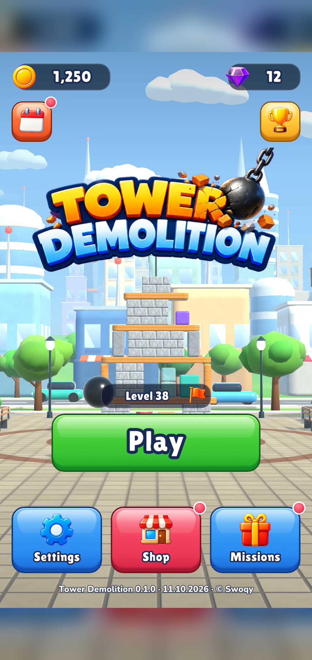 Main menu with the Tower Demolition logo and a city tower