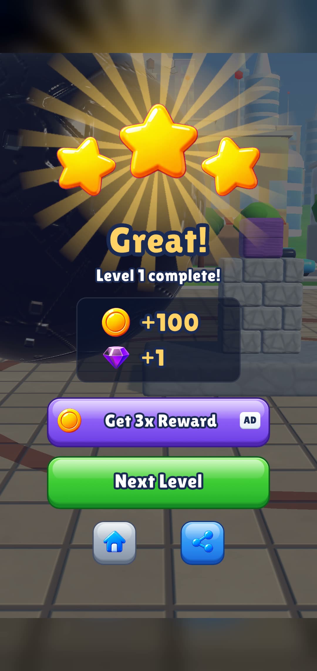 Level complete screen with three stars, coins and a gem