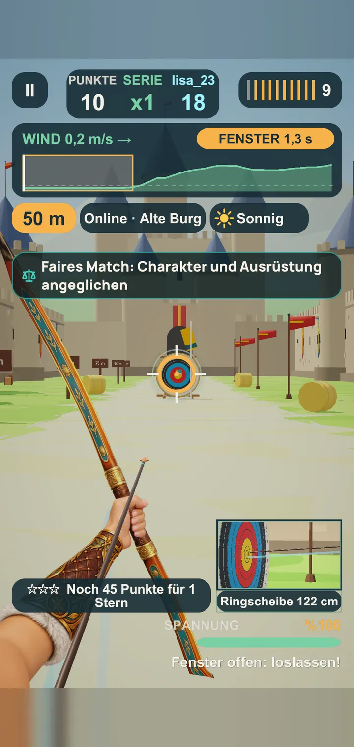 Voller Auszug im Online-Duell an der Alten Burg, mit Windleiste und Punktestand des Gegners