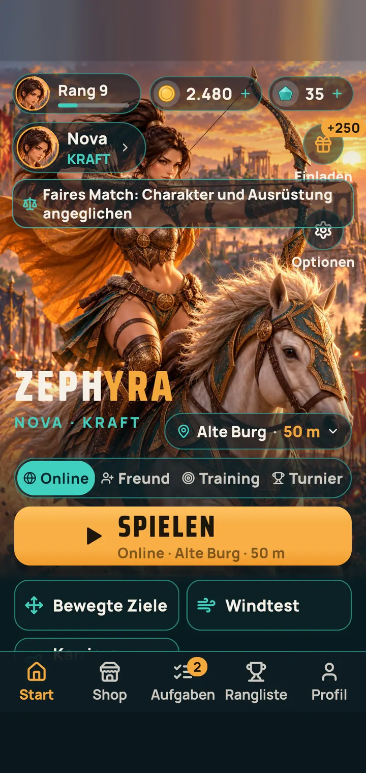 Startbildschirm mit den Modi Online, Freund, Training und Turnier