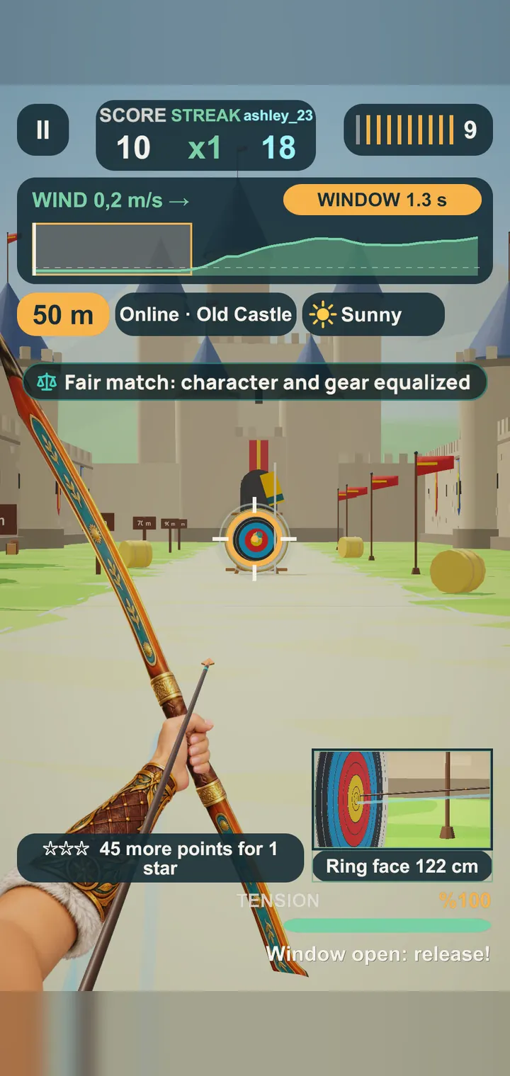 Full draw in an online 1v1 duel at Old Castle, with the wind strip and the opponent’s score
