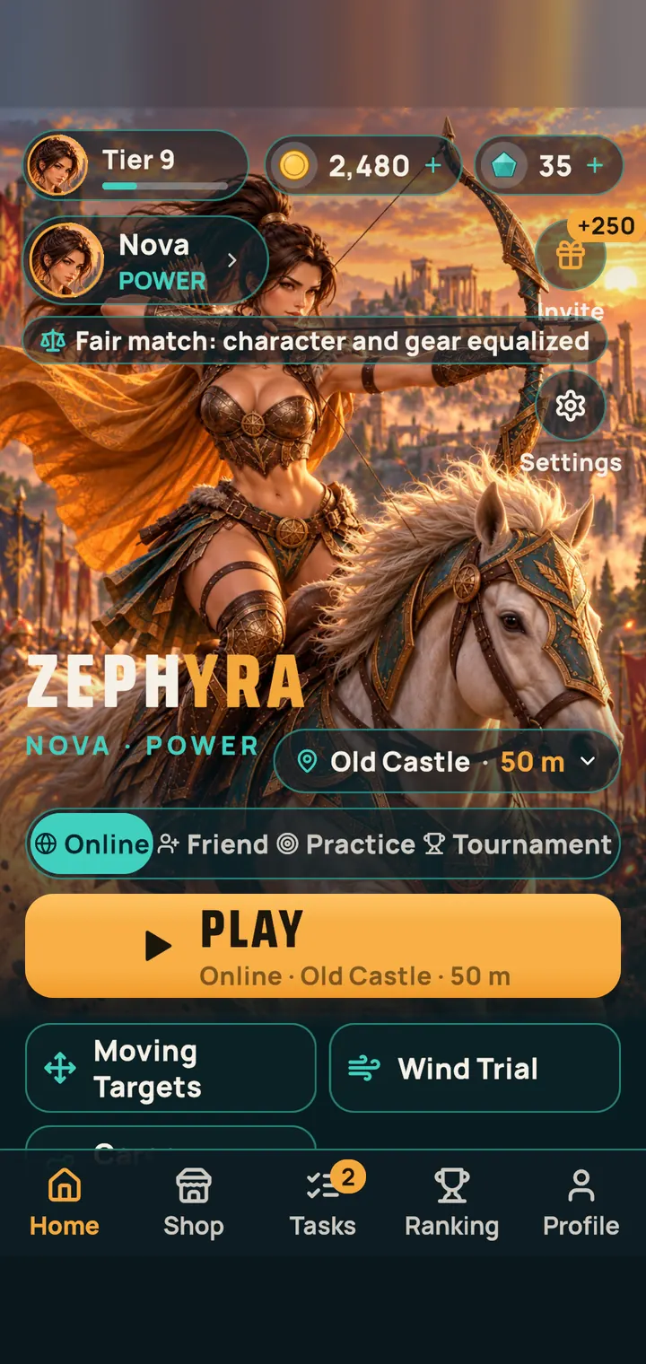 Home screen with Online, Friend, Practice and Tournament modes
