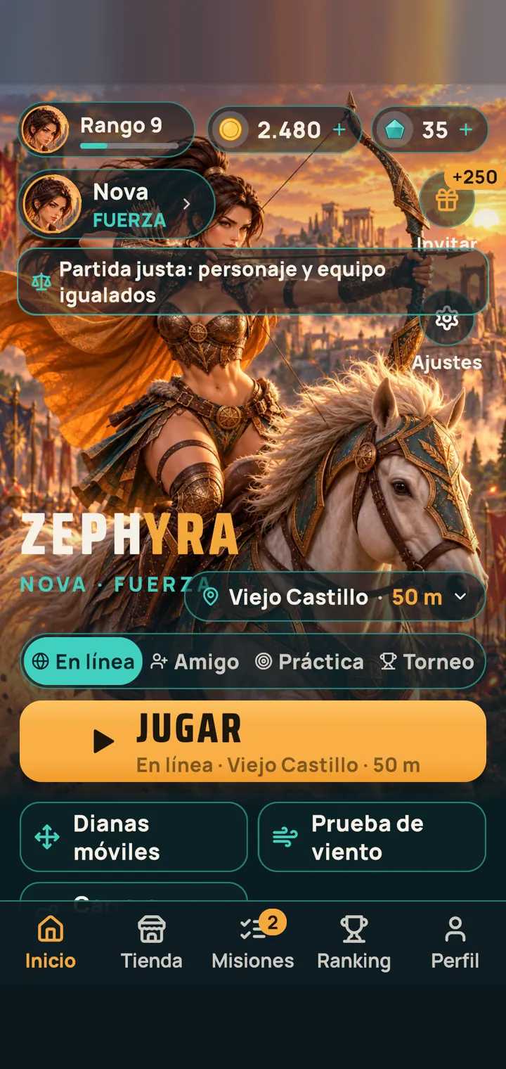 Pantalla de inicio con los modos En línea, Amigo, Práctica y Torneo