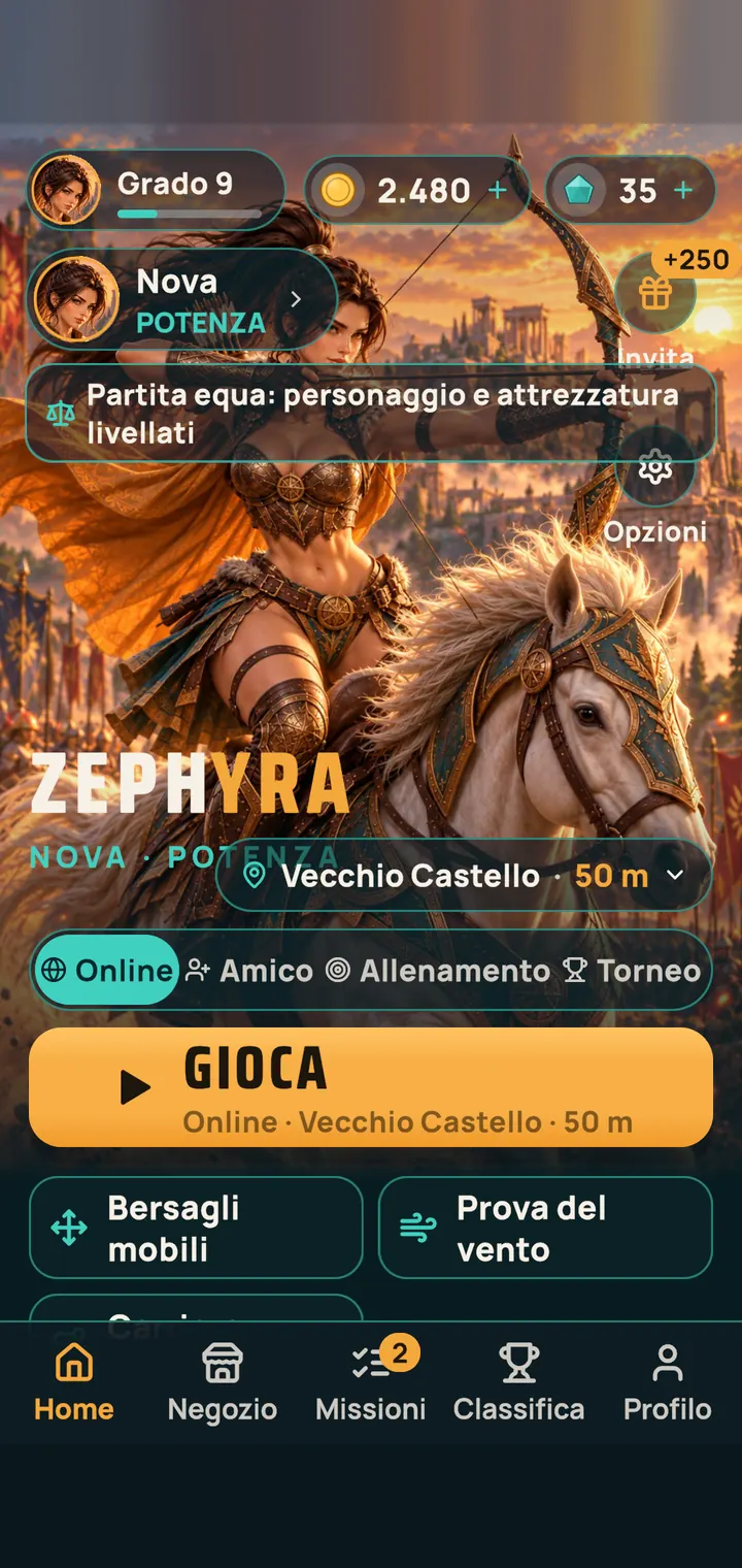 Schermata iniziale con le modalità Online, Amico, Allenamento e Torneo
