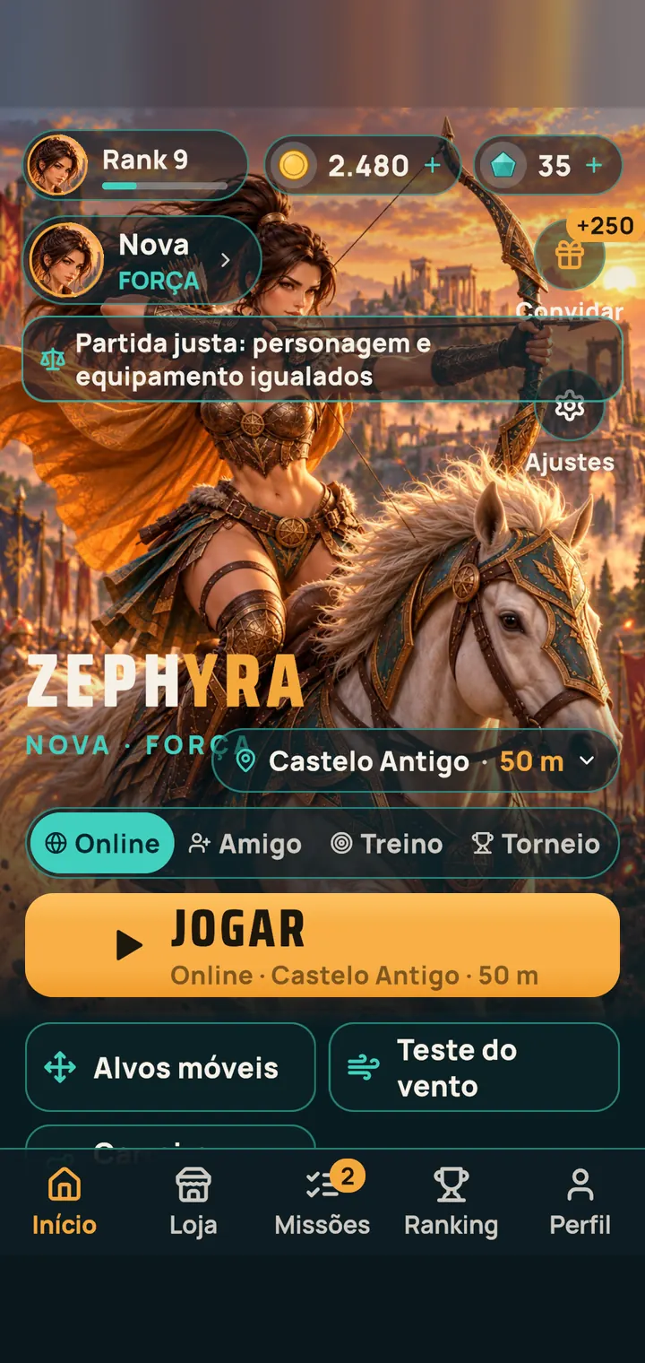 Tela inicial com os modos Online, Amigo, Treino e Torneio