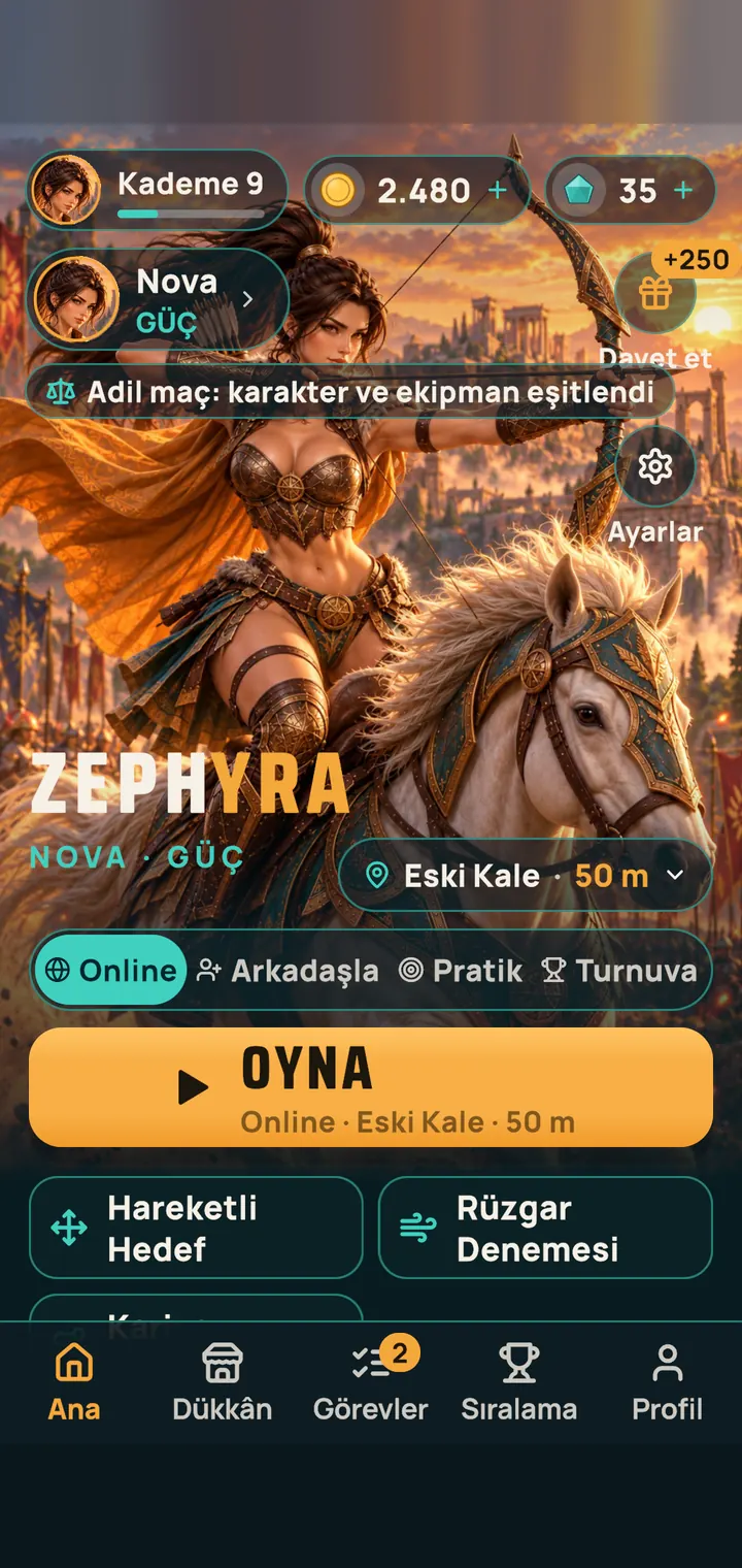 Online, Arkadaşla, Pratik ve Turnuva modlarıyla ana ekran