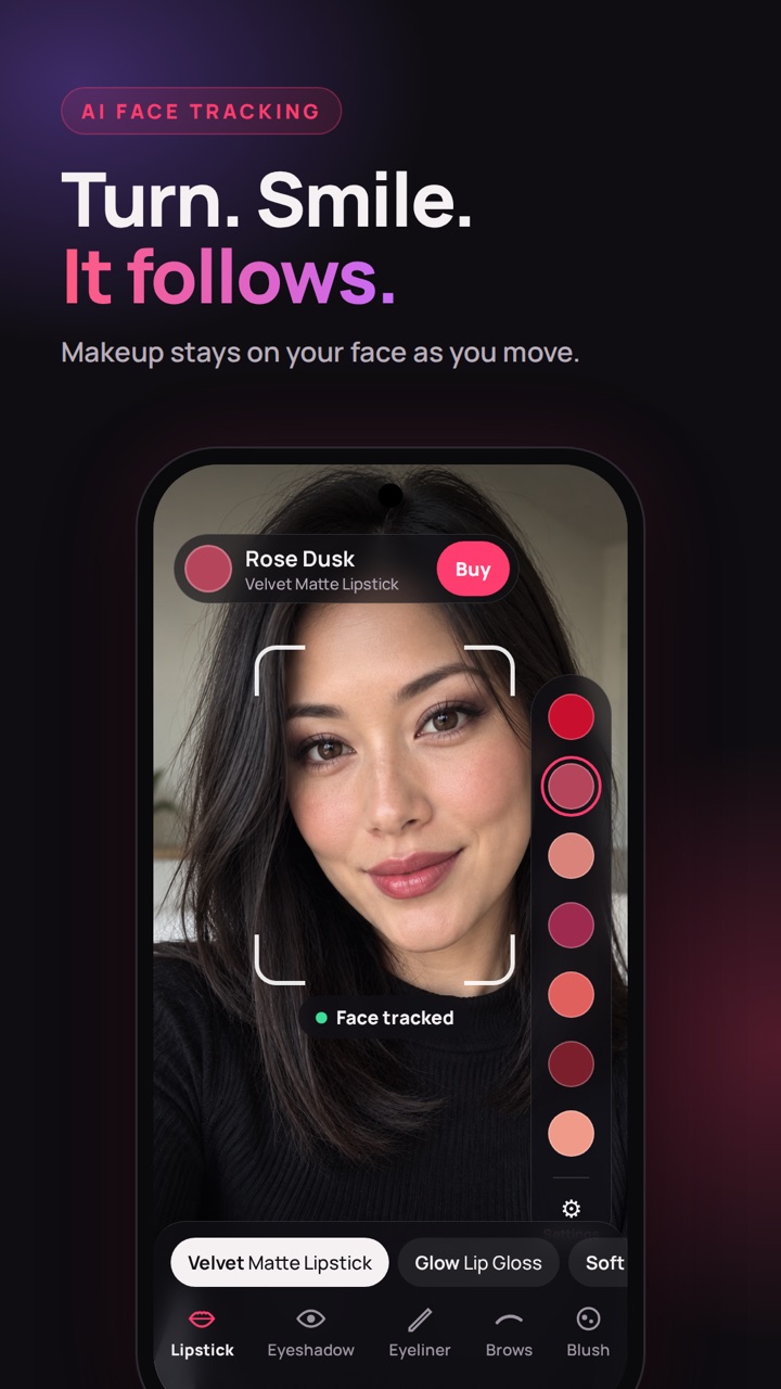 Face tracking keeps the lipstick in place