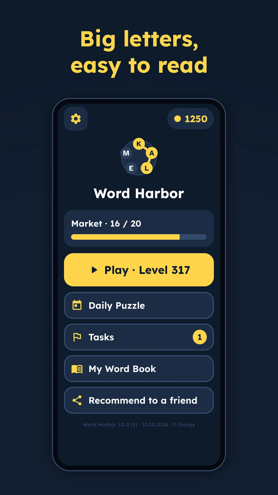 Home screen with big letters and the Play button