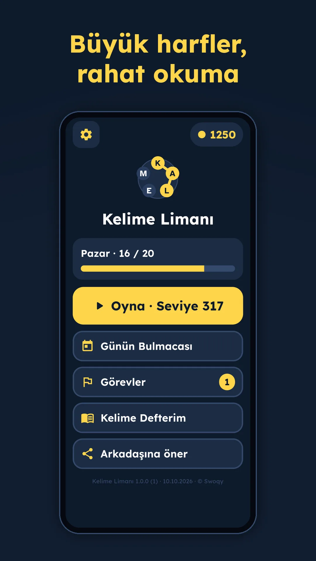 Büyük harfli ana ekran ve Oyna düğmesi
