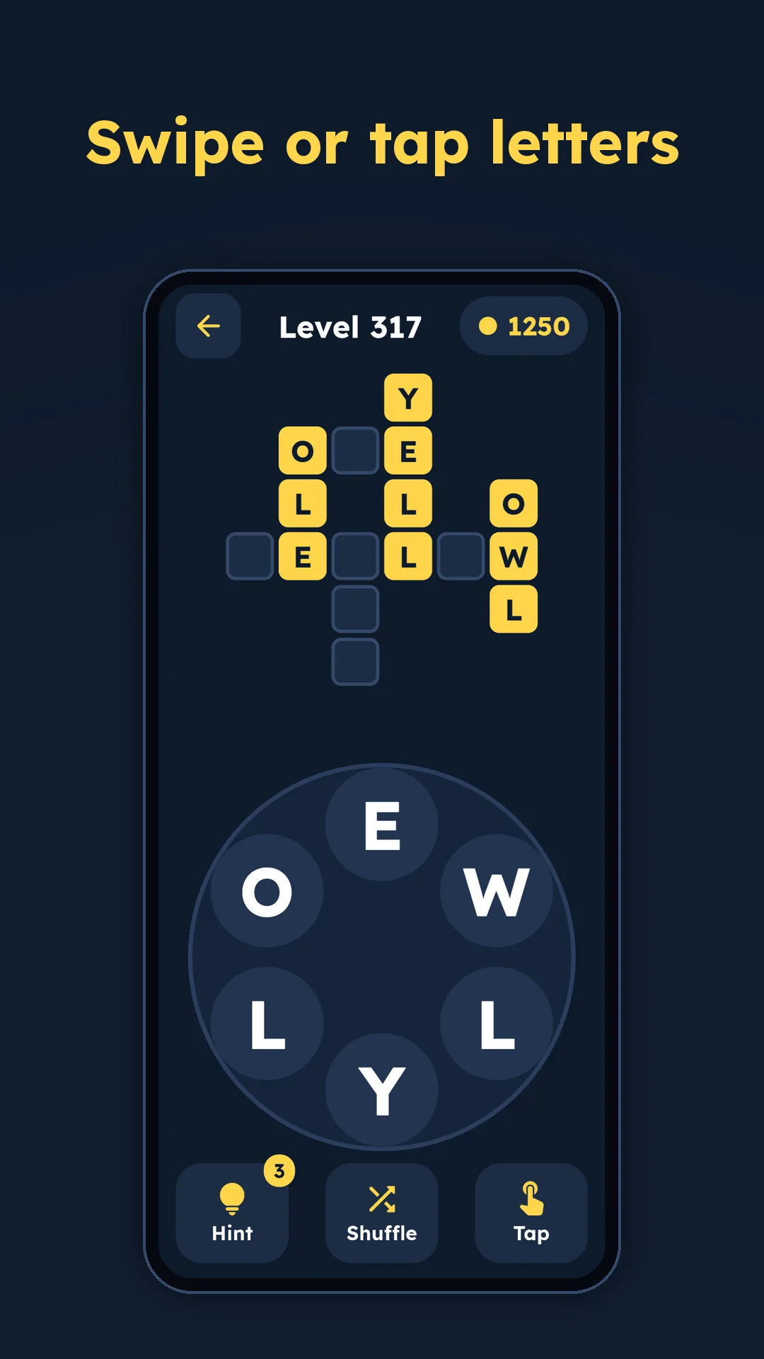 Swiping letters on the wheel to fill the crossword