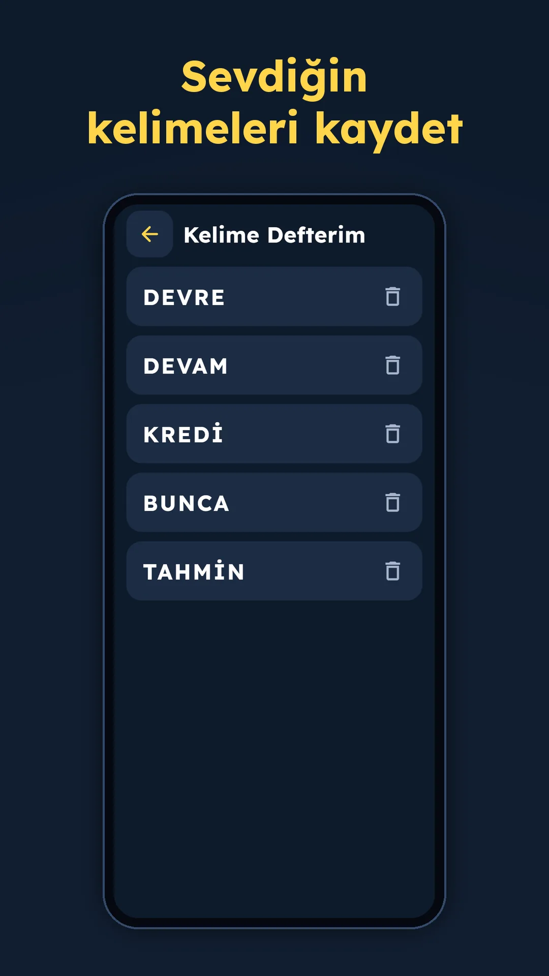 Kelime defterime kaydedilmiş kelimeler
